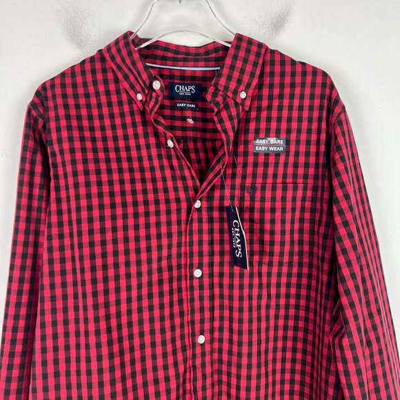NWT Chaps Easy Care Buffalo Check Plaid Buttondown Shirt Red Black Size Large L - Picture 2 of 11